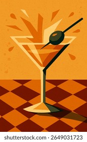 Martini glass with olive and splash on warm background