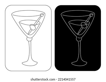Martini glass with olive in thin lines. Cartoon sketch graphic design. Doodle style. Black white hand drawn image. Party drink concept for restaurant, cafe, party. Vector freehand drawing. Two kinds.