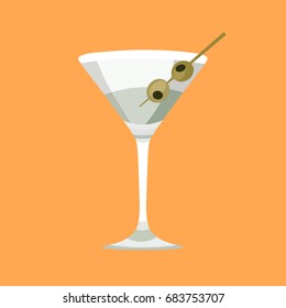 Martini in a glass with olives a bright vector icon. Cocktail vector illustration of a wine glass on an orange background