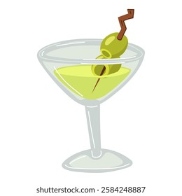 martini glass with olives in color. Olives, strung on a skewer, float in glass with a drink. Alcoholic cocktail drawn in a flat style. An exquisite drink for women. Illustration on a white background