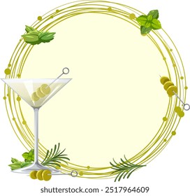 Martini glass with olives and decorative herbs