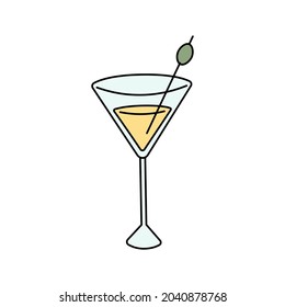Martini glass with olives in doodle style. Cute cartoon cocktail. Vector illustration isolated on white background