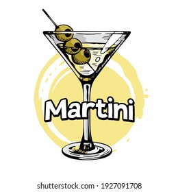 Vidrio Martini con aceitunas. Cóctel de alcohol de tracción manual, ilustración vectorial