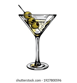 Martini Glass With Olives. Hand Drawn Alcohol Cocktail, Vector Illustration Isolated On White
