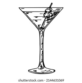 Martini glass with olives. Hand drawn alcohol cocktail. Hand drawn black color martini cocktail with olive. Vintage style. Vector illustration.