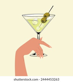 Martini glass with olives. Hand drawn alcohol cocktail with hand. Retro style. Vector illustration