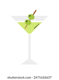 Martini glass with olives. Hand drawn alcohol cocktail. Vector cartoon flat illustration.