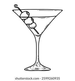 Martini glass with olives. Hand drawn alcohol cocktail, vector sketch. Engraving illustration