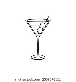 A martini glass with olives and a straw