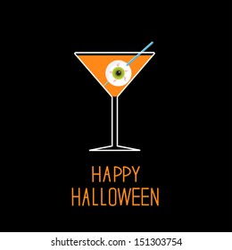 Martini Glass With Orange Cocktail And Eyeball. Halloween Card. Vector Illustration