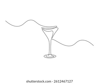 Martini glass outline drawing illustration. Continuous line draw of alcoholic drink vector.