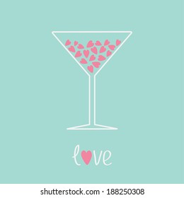 Martini glass with pink hearts inside. Love card. Vector illustration.  