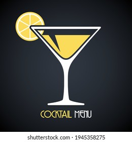 Martini glass with poured martini or vermouth and lemon slice. Design template for cocktail menu. Vector illustration on dark background