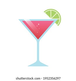 Martini glass with a slice of lime. Refreshing pink cocktail. Vector isolated on white background. Design for menu.