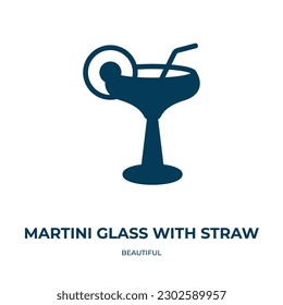 vidrio martini con icono vector de paja. vidrio martini con paja, cerveza, íconos rellenos de alcohol de concepto plano hermoso. Icono de glifo negro aislado, elemento de símbolo de ilustración vectorial para diseño web y