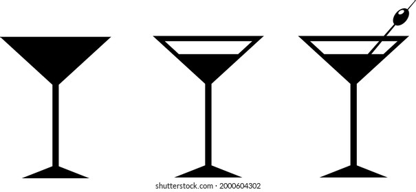 Martini glass. Three types. Martini with olive