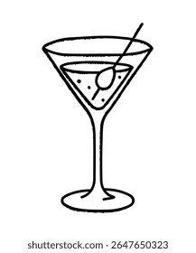 Martini glass vector illustration in a black hand-drawn outline style with sketchy texture. Perfect for bar menus, cocktail party invitations, drink-themed designs, and casual beverage graphics
