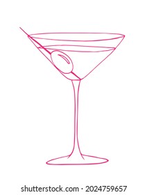 Martini glass vector illustration. Pink martini linear drawing. 