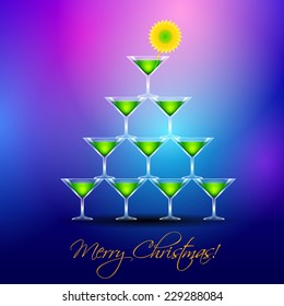 Martini glasses Christmas tree on blue abstract background. Christmas card, Cocktail party invitation, Nightclub party flyer.