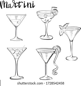 Martini glasses drink, vector isolated design elements on white background. Concept for logo, icon, menu 