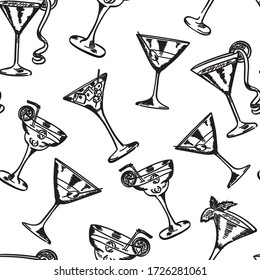 Martini glasses, drink vector seamless pattern on white background. Concept for wallpaper, wrapping paper, cards , menu