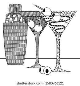 martini glasses with olives and shaker in the style of Zenart, doodle, zentangle, black and white still life, printable, wall art