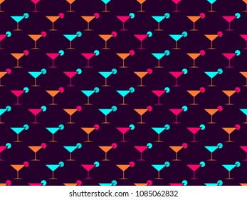 Martini glasses seamless pattern. Multi-colored objects on a dark background. Vector illustration