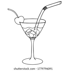 Martini con cubos de hielo. Decoración de cerezo. Paja de plástico para beber. Un vaso con una bebida alcohólica. Ilustración de material vectorial. Esbozo. Esquema sobre un fondo blanco aislado. Estilo Doodle. 