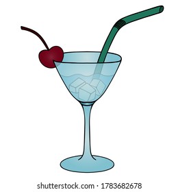 Martini mit Eiswürfeln. Kirschdekoration. Plastikstroh. Ein Glas mit einem alkoholischen Getränk. Farbige Vektorgrafik. Einziger weißer Hintergrund. Cartoon-Stil. Erfrischender Cocktail. 