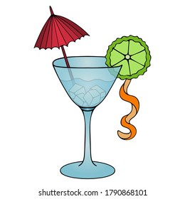 Martini with ice cubes. Decorated with lime slice, orange peel and umbrella. A glass with an alcoholic drink. Colored vector illustration. Isolated white background. Cartoon style. Oriental ornament.