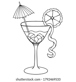 Martini With Ice Cubes. Decorated With Lime Slice, Orange Peel And Umbrella. A Glass With An Alcoholic Drink. Vector Illustration. Sketch. Refreshing Cocktail. Outline On An Isolated White Background.