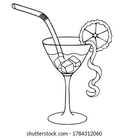 Martini with ice cubes. Decorated with a slice of lime and orange peel. Plastic drinking straw. A glass with an alcoholic drink. Vector illustration. Sketch. Refreshing cocktail. Light aperitif. 