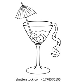 Martini with ice cubes. Orange peel and umbrella decoration. A glass with an alcoholic drink. Vector illustration. Sketch. Refreshing cocktail. Light aperitif. Outline on an isolated white background.