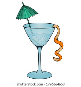 Martini with ice cubes. Orange peel and umbrella decoration. A glass with an alcoholic drink. Vector illustration. Isolated white background. Cartoon style. Refreshing cocktail. Light aperitif. 