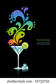 Martini with ice and lime on black background.