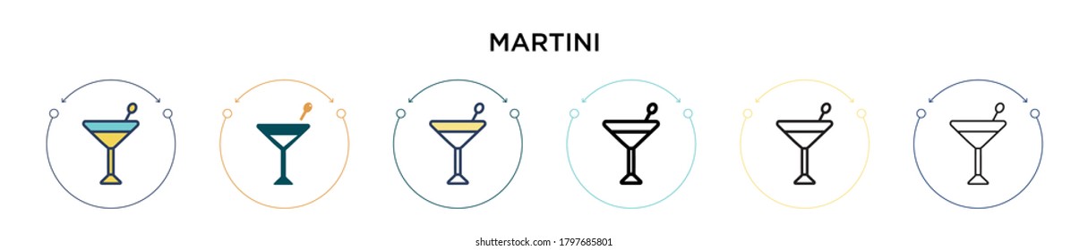 Martini icon in filled, thin line, outline and stroke style. Vector illustration of two colored and black martini vector icons designs can be used for mobile, ui, web