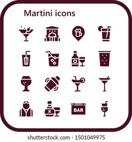 martini icon set. 16 filled martini icons.  Collection Of - Martini, Bar, Drink, Brandy, Shaker, Cocktail, Bartender, Rum