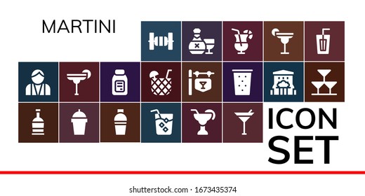 martini Icon Set. 19 gefüllte Martini-Symbole.  Einfache, moderne Symbole wie: Bars, Bartender, Rum, Drink, Shaker, Cocktail, Martini, Alkohol, Bar, Getränke