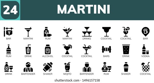 martini icon set. 24 filled martini icons.  Simple modern icons about  - Bar, Martini, Rum, Drinks, Cocktail, Drink, Alcohol, Bars, Vodka, Bartender, Shaker, Mojito