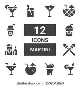 martini icon set. Collection of 12 filled martini icons included Cocktail, Drink, Toothpick, Barman, Drinks