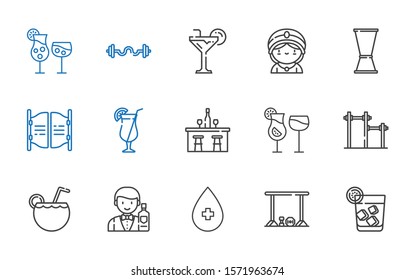 martini icons set. Collection of martini with vodka, bar, alcohol, barman, cocktail, cocktails, jigger, seer, bars. Editable and scalable martini icons.