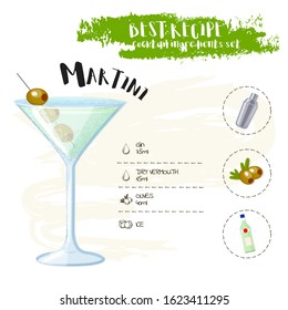 Martini. Image of a cocktail and a set of ingredients for making a drink at the bar. Cartoon style. Vector illustration