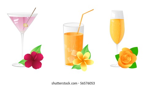 Martini, juice, champagne with beautiful flowers