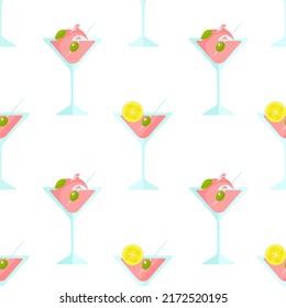 Martini with lemon and olive. Seamless background. Pattern. Vector image in a flat style.