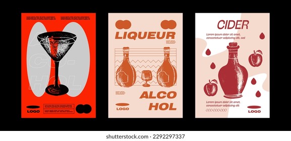 Martini, Likör, Apfelwein, Cosmopolitan Cocktail Wand-Poster. Alkoholische Getränke garnisch mit Orange, Kalk und Kirsche. Sommeraperitif tropische senkrechte Druck. Minimalistische Vektorgrafik.