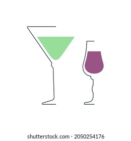 Martini and liquor glass in minimalist linear style. Contour of glassware on left side in form of fine black line. Drink is depicted in form of shape with colored fill. Isolated image. White backdrop.