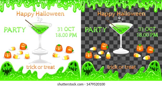 Martini and monsters. Oozing slime. Treats in the form of pumpkins. Orange-yellow-white candy. Used gradient. White background transparent in EPS. Vector illustration.