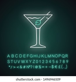 Martini neon light icon. Footed glass with drink and olive. Cocktail with gin and vermouth. Mixed drink. Glowing sign with alphabet, numbers and symbols. Vector isolated illustration