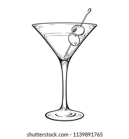 Martini With Olive Alcoholic Cocktail In Glass Isolated On White Background Hand Drawn Vintage Style Line Art Vector Illustration