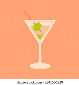 Martini with olive in glass. Alcoholic drink with tonic. Vector flat image with texture. Retro poster in minimal style